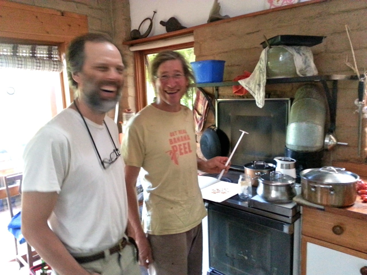 Dave Jacke and David Holmgren in the kitchen at Melliodora