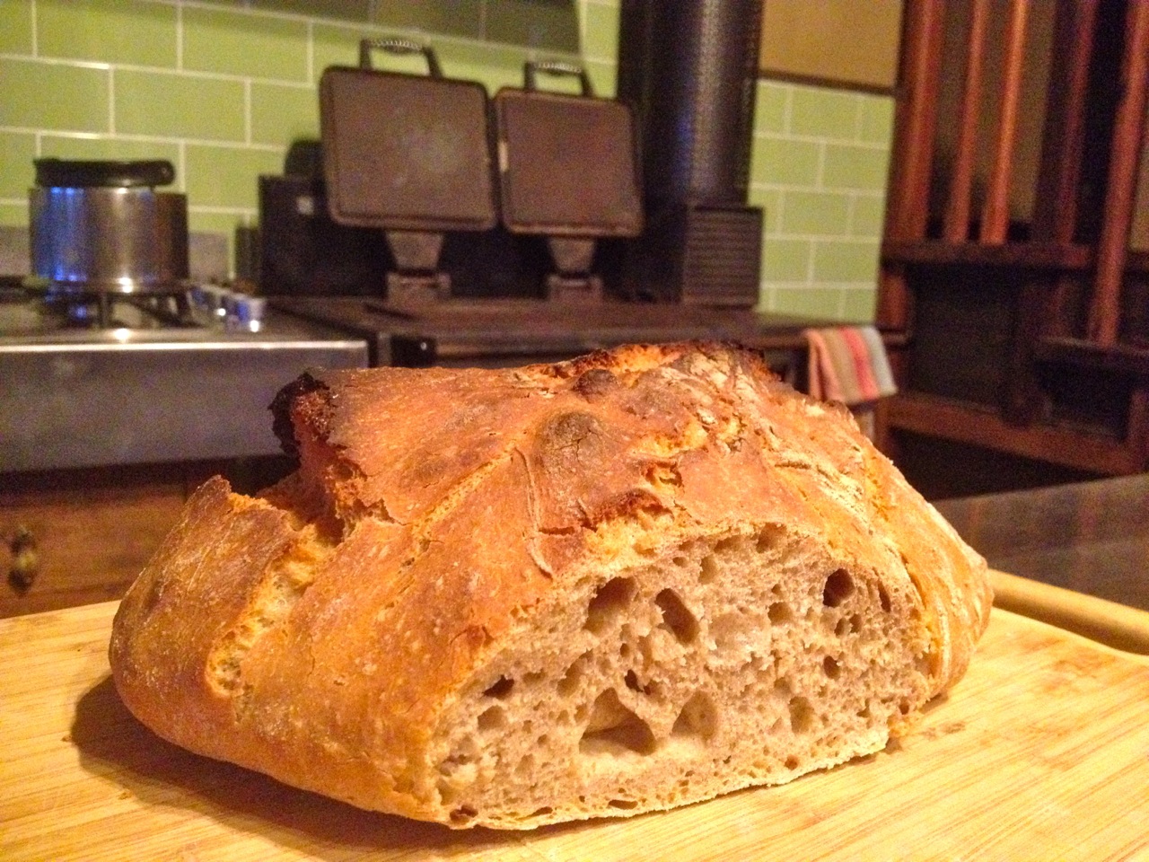 First Rayburn 'no knead' bread. Lookin good and only slightly burnt...