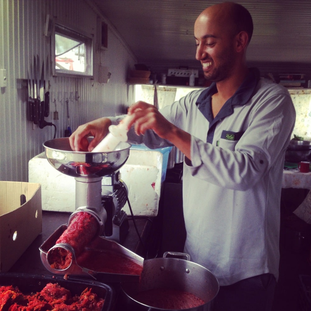 Meanwhile, Lawrence ismanning the passata machine for the day (we're still deep in tomato season)