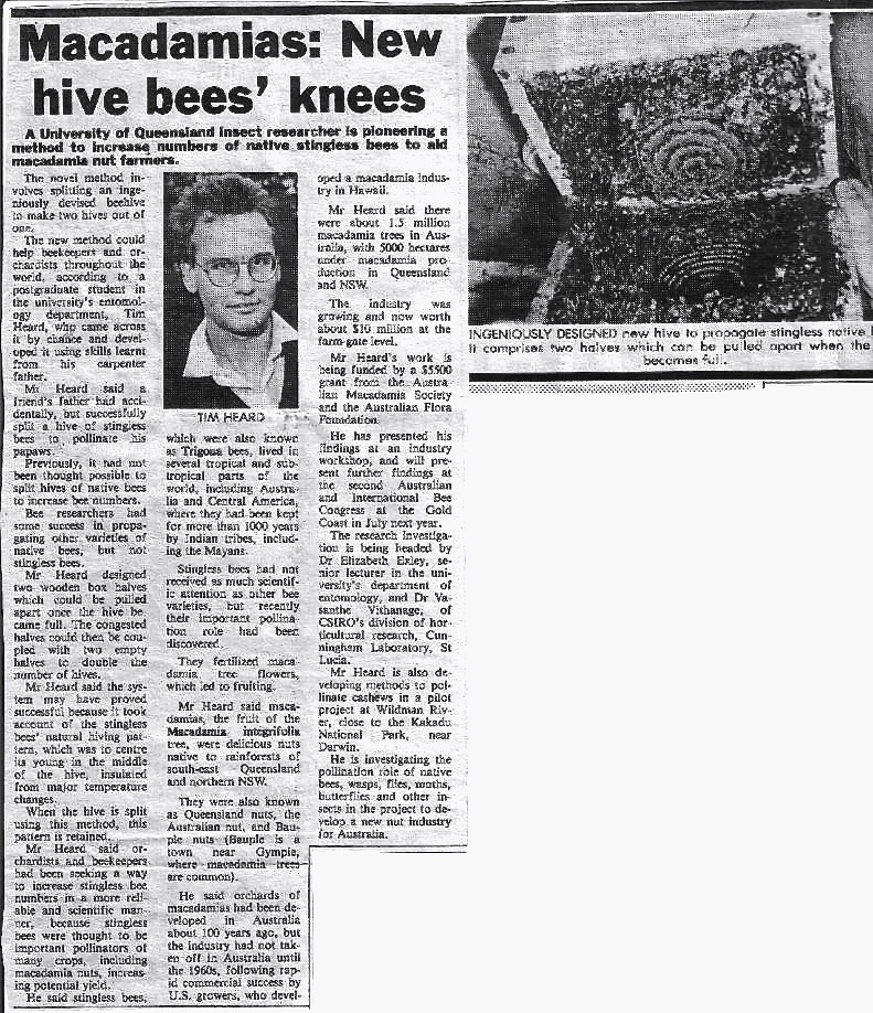 An article from 1984 in the 'Gatton Star' about Tim Heard's new box hive design