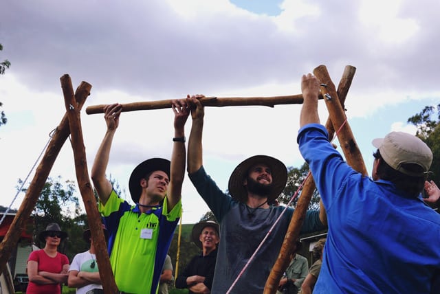 roundwood reciprocal roundhouse making at Milkwood's Natural Building course