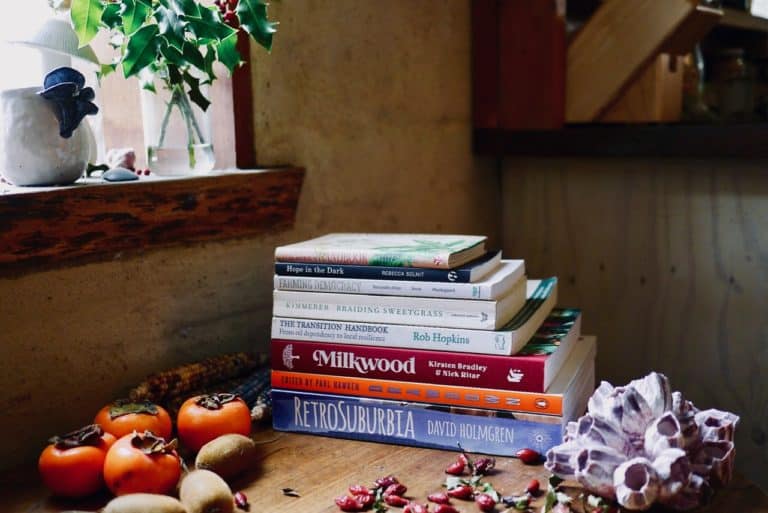 A stack of books on a table with persimmons