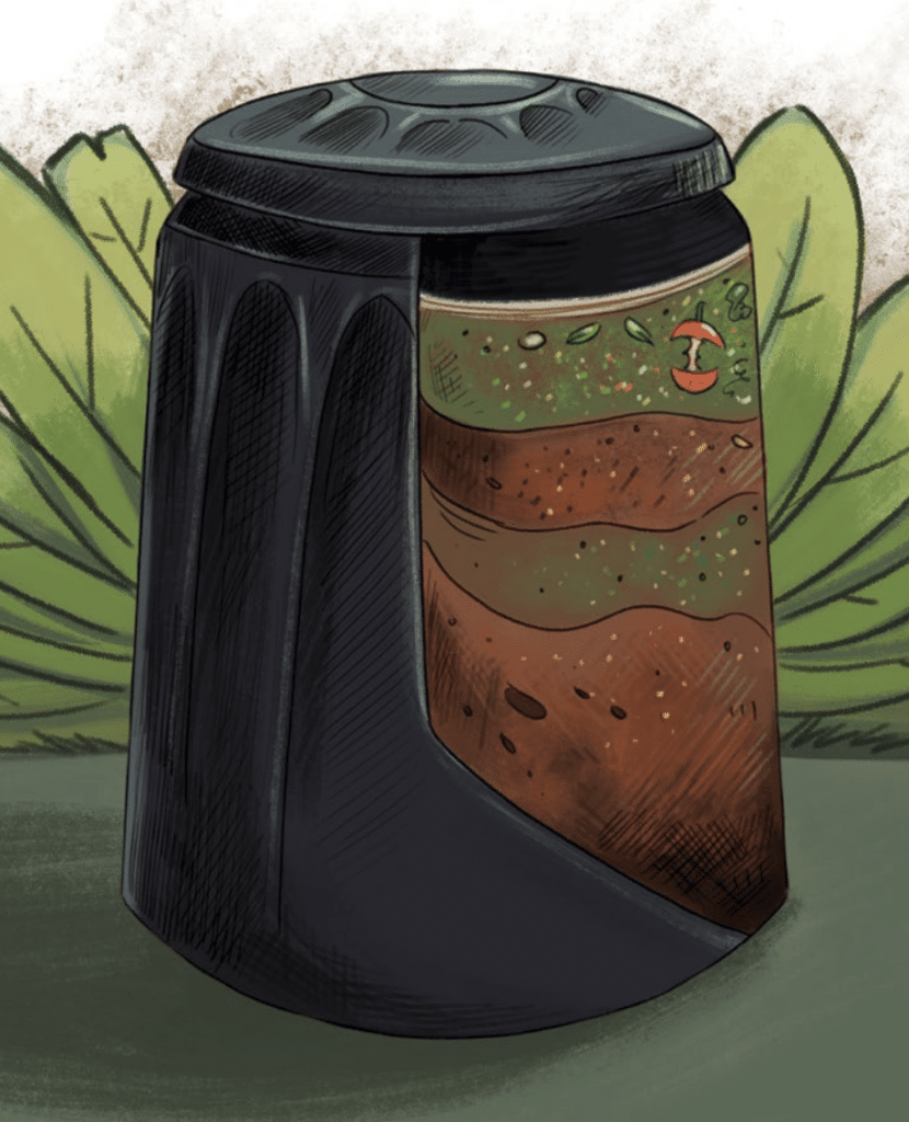 A graphic showing layers of carbon and nitrogen inside a black compost bin.