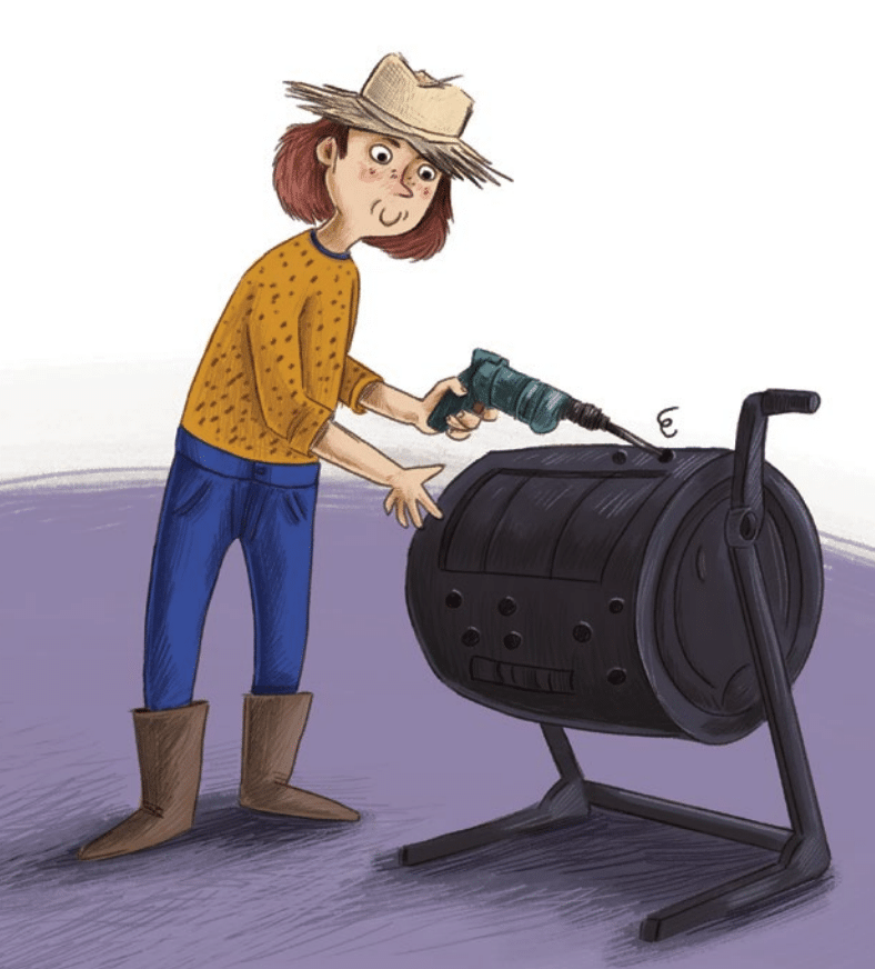 An illustration of a woman using a compost tumbler.