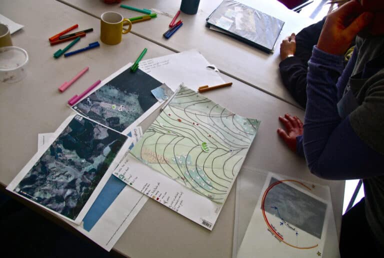 Hand-drawn permaculture site maps on a table