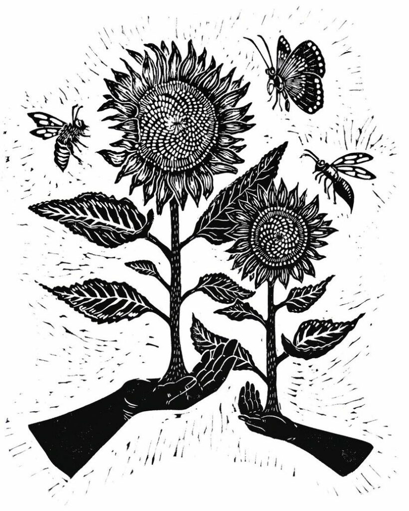 A black on white linocut depicting two sunflower plants growing out of a pair of hands. A bee, a wasp and a butterfly circle around. Artwork by Dalee Ella