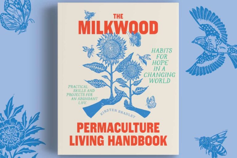 Milkwood Permaculture Living Handbook cover Cover of "The Milkwood Permaculture Living Handbook" by Kirsten Bradley, featuring illustrations of sunflowers and birds on a cream background with blue and orange text.