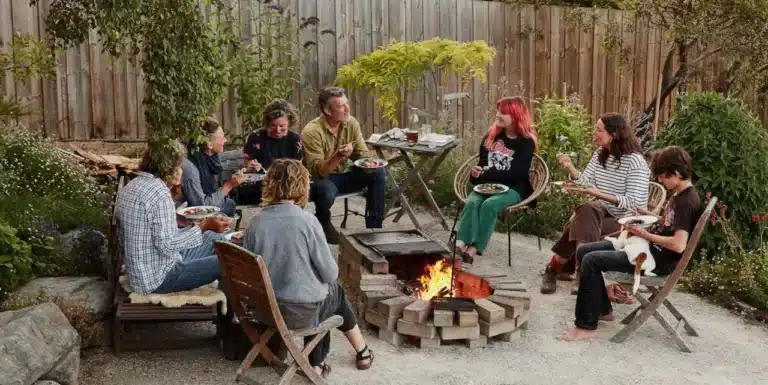 a group of people sit around a campfire eating campfire-cooked food