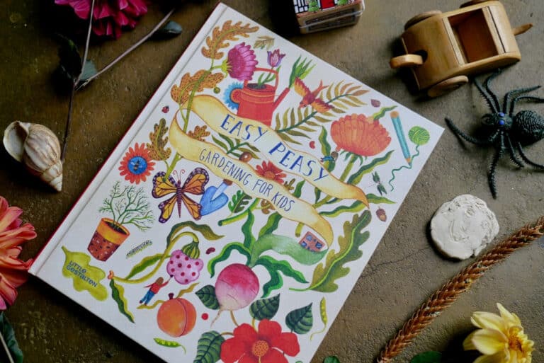Easy Peasy on a stone surface surrounded by flowers, shells and wooden toys