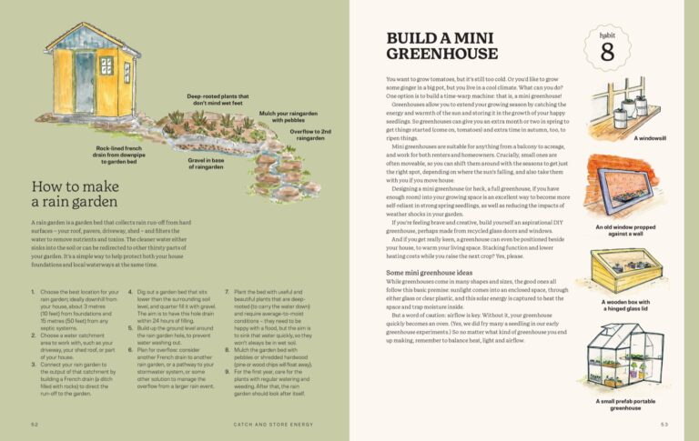 Inside spread showing how to make a rain garden and build a mini greenhouse