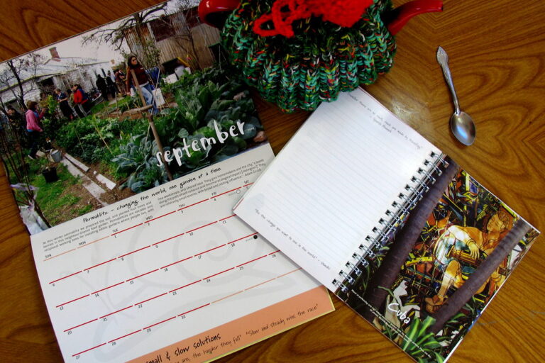 2009 Permaculture Calendar and Diary open on a table