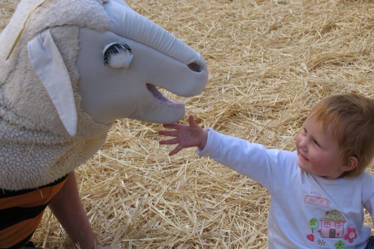 Is my dad in there? Toddler in a pink jacket reaching out to a person in a sheep costume on straw