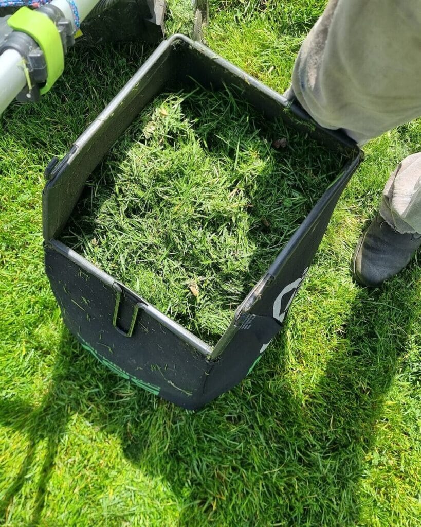 A mower catcher full of green grass clippings