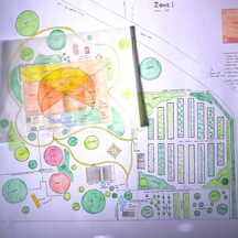 A colourful hand-drawn permaculture design plan of a property, with garden beds, trees and buildings